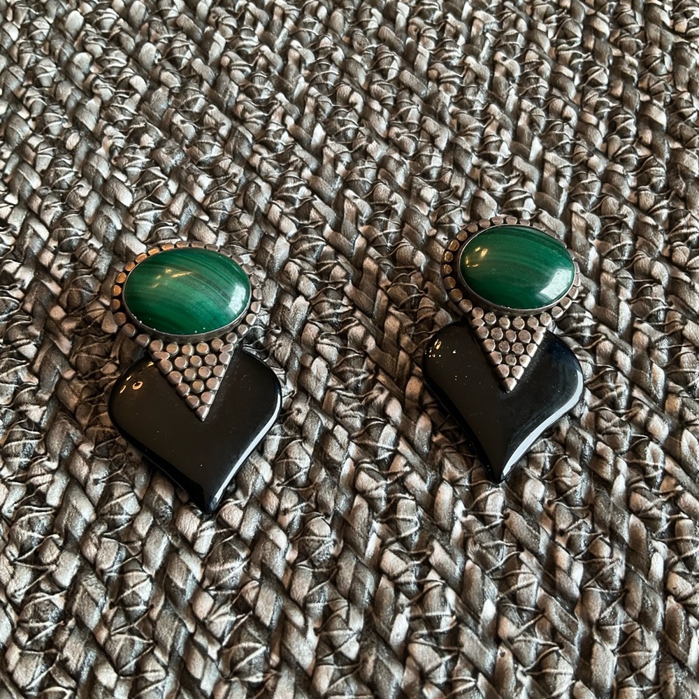Silver malachite and black onyx pierced earrings